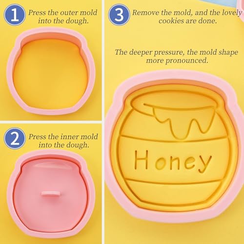 Bee Cookie Cutters with Cookie Stamps 8Pcs Honeycomb Fondant Baking Molds | Bee Honey Jar Honeycomb Cookie Molds, Ideal DIY Baking Supply for Bee Party, Baby Shower & Gift Making - color: Honeycomb