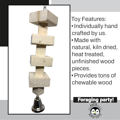 1809 Large Natural Block - Handcrafted Bird Toy For Parrot Macaw African Grey - Unfinished Kiln Dried Wood Pieces With Big Bell - Destructible Chewing Cage Accessories - Big Chewy Blocks - Climbable