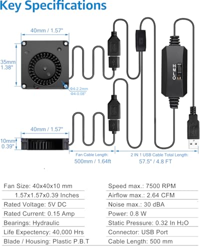 GDSTIME 40mm USB Blower Fan with 3 Speed Control, DC 5V Powered, 2-Pack | Hydraulic Bearing, L/M/H Adjustable, 40x40x10mm, 4010, Micro 5 Volt, Brushless Turbo, for Small Electronics DIY Cooling - size: 40x10mm