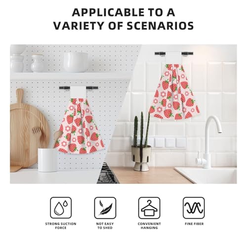 Cute Red Strawberry Kitchen Hand Towels Spring Pink Flowers Hand Tie Towels Set of 2 PCS Dish Towels with Loops Tea Bar Dish Cloths Towel for Bathroom Home - color: Pink Strawberry Cute Flowers
