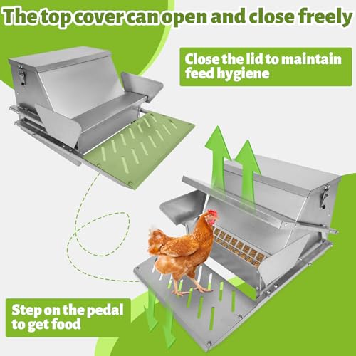 Automatic Metal Treadle Feeder 26lbs Capacity No Waste Automatic Chicken Feeder Galvanized Steel Large Metal Poultry Feeder Outdoor Coop Food Dispenser with Rain Cover