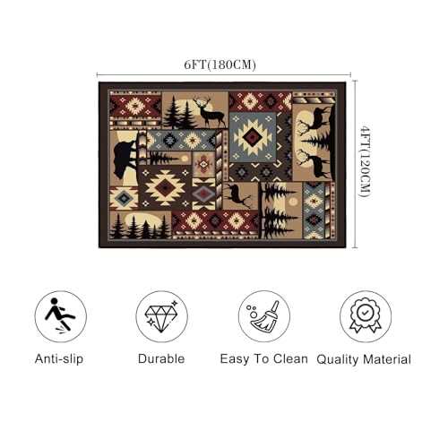 Rustic Rug for Bedroom,Cabin Wildlife Area Rug 4x6 Carpets Runner for Living Room,Buffalo Plaid Bear Moose Deer Country,Washable Throw Rugs Indoor Doormat Non Slip Floor Mats for Dining Room,Laundry - size: 4'x6'