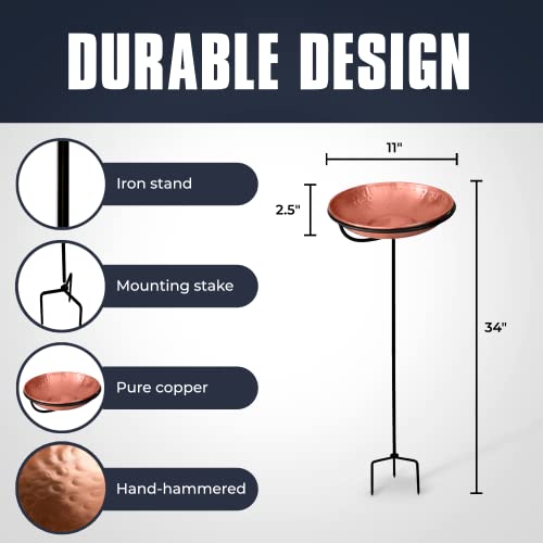 Monarch Abode Standing Bird Bath & Bird Feeder for Outdoors – Pure Copper Hand Hammered Birds Bath Bowl w/ 34-inch Detachable Iron Stand, Wild Birdfeeder and Birdbath for Outside Garden Backyard - style: Standing Bird Bath
