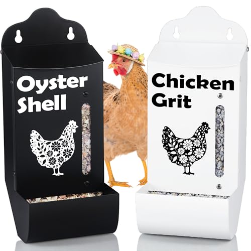 CluckRoots Chicken Grit and Oyster Shell Feeder Combo, No-Spill Metal | Lift-Off Heavy-Duty Dispenser w/ Rain Lid View Window, Small Flocks Capacity, Chicken Coop Accessories Gifts for Lovers - color: Combo-Black/White