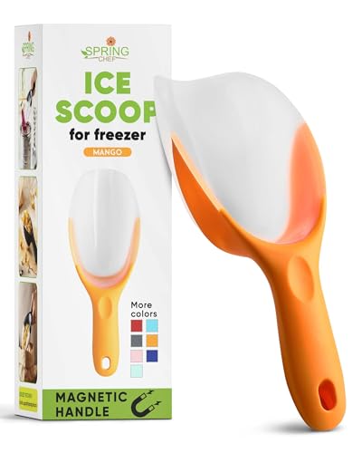 Spring Chef Magnetic Ice Scoop for Freezer, BPA-Free Food Scooper, Mango | Flexi-Plastic Popcorn Scoop with Soft Grip Handle - Dishwasher Safe Ice Scooper - Food Scooper for Flour, Grains, Pet Food - color: Mango