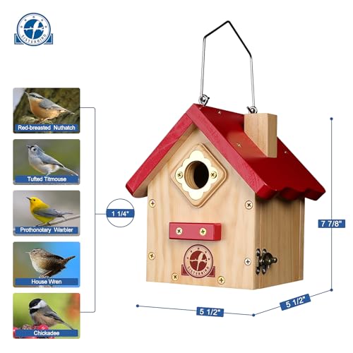 SISTERBIRD Wren Bird House, Premium Wooden Bird Houses for Outside, Classic Cabin Design Birdhouses for Outdoors, Hanging Bird House, Red-Breasted Nuthatch Wren Chickadee - color: Red with Log Color upgrade