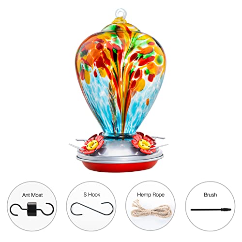 Hummingbird Feeder, 34OZ Hand Blown Glass Hummingbird Feeders for Outdoors Hanging, 4 Feeding Perch with Ant Moat Leakproof, Garden Yard Decor Gifts for Women Mom (Holiday Balloon) | Decorative Self Hanging Nectar Bird Feeder for Hummingbirds, Garden Pati