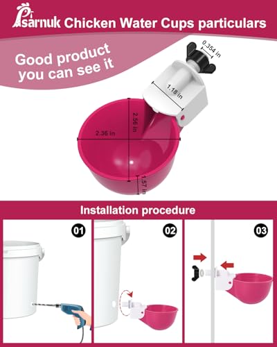 Chicken Waterer Cups (16 Pack) with 3/8" Drill Bit - Purplish Red | Automatic Poultry Drinker Feeder Kit for Chickens, Ducks, Turkeys, Quail, Bunnies | DIY Gravity Fed Bucket Water Dispenser - color: Purplish Red, size: 16 Pack + Drill bit