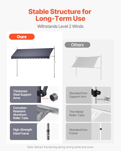 VEVOR Manual Retractable Awning, 138" x 59" Outdoor Patio Awnings Sunshade Shelter with 43"-59" Retractable Side Bar, No Drill Height Adjustable, Crank Handle for Backyard, Balcony, Dark Gray - size: 138x59 in