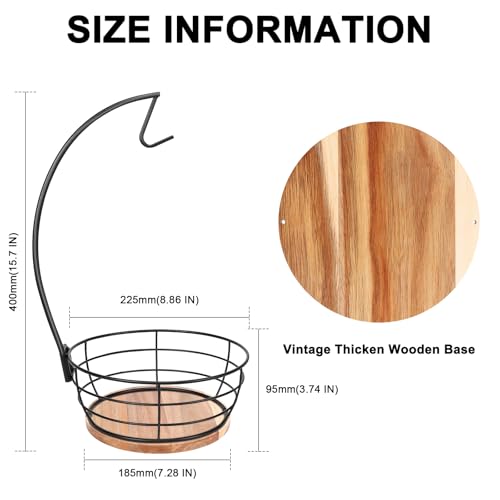 Livabber Countertop Fruit Basket Bowl with Banana Hanger, Modern Standing Fruit Vegetable Bowl Storage, with Banana Tree Holder for Kitchen Dinning Table (Round Wood, Black) - color: Black, style: Round Wood