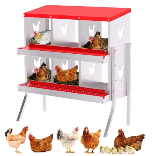GarveeLife 6 Compartment Chicken Nesting Box with Metal Legs, Nesting Boxes for Chickens, Metal Chicken Laying Boxes with Perch, Secure Lid, Versatile Wall Mount or Free Standing for Hens, Red - color: red, size: 6 grids with legs