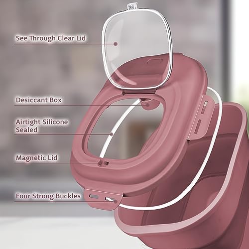 Rice Storage Bin Cereal Containers, 13-50lb Collapsible Rice Container Dispenser with Transparent Lid, Rolling Wheels, Measuring Cup and Scoop, Airtight Dog Cat Pet Food Storage Container Pink - color: Pink