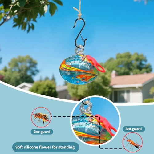 Pozfun Small Hummingbird Feeders for Outdoors Hanging,Hand-Blown Glass Hummingbird Feeder with Silicone Feeding Perch,Never Leak,Gardening Gifts for Woman Man(Blue) - color: Blue