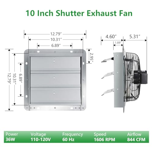 Shutter Exhaust Fan with Thermostat & Speed Control, 844 CFM,1606 RPM, Upgrade 10 inch Wall Mount Attic Vent Fan for Chicken Coops, Greenhouse, Gable, Barn, Garage, Shed Ventilator - color: With Speed Control & Thermostat, size: 10inch
