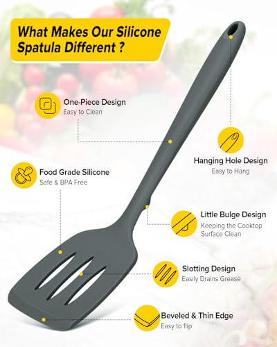 Pack of 2 Silicone Spatula Turners, Non Stick Slotted Kitchen Spatula Set, Heat Resistant BPA Free Kitchen Utensils, One-Piece Design, Suitable for Flipping Fish, Eggs, Steak, Pancakes(GRAY) - color: Gray