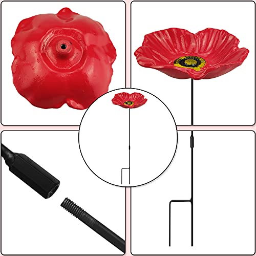 Redflower Bird Bath&Birdfeeder for Small Birds Outdoors Mtal Flower Bird Bath Bowl Stick into Ground Cute Tray Feeders for Outdoor Garden Decoration for Bird Lovers - style: redflower