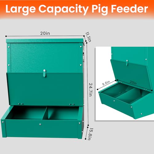 Pig Feeder, 2-Door Heavy Duty Galvanized Steel Hog Feeder,3.7 Bushels Capacity,Outdoor Pig Feeders with Visable Feed Design, Livestock Feeder for Barn, Farm, Feeding up to 5 Small Hogs, Green - size: 2-Door