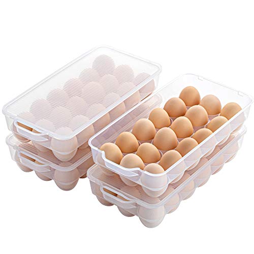 Clear Plastic Egg Holder for Refrigerator, Stackable Egg Storage Trays With Lid & Handles, Plastic Egg Box Carrier 4 Pack, BPA-Free Egg Storage Container for 18 Eggs