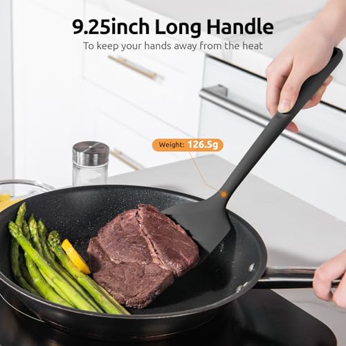 U-Taste Silicone Turner Spatula Set of 2, 13.6" Long/3.7" Wide, Black | 600ºF Heat Resistant Food Grade Silicone Cooking Utensils Set, Wide Large Solid & Slotted Turner Pancake Egg Flipper - color: Classic Black
