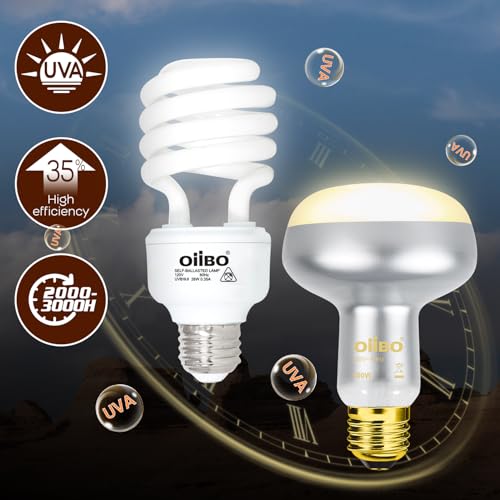 Reptile Heat Lamp Blub Combo Pack, Dual Reptile Lamp Fixture with Intense Basking Spot Light UVA Daylight Reptile Heat Lamp & 26W Energy Saving UVA 10.0 UVB Bulb Spiral Compact Bulb - style: DRL01ST4