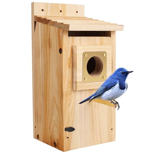 Bird Houses for Outside, Thicken Wooden Bird House with Copper Guard | Copper guard anti-predator, cottage style nesting box for bluebird, finch, swallow, wren, chickadee, outdoor garden use - size: 1 pack