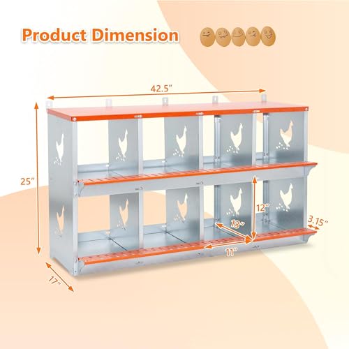 8-Bay Metal Nest Box for Chickens Wall Mount, Galvanized Steel Hen Nesting Box with Vent Holes, Easy to Clean & Assemble, Includes Coconut Fiber Pad, Orange/Silver - size: 42.5” L x 17” W x 25” H