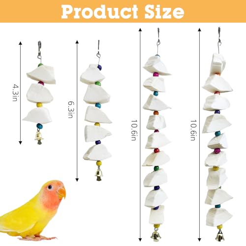 BNOSDM Bird Toys with Cuttlebone 4 Pack Hanging Cuttle Bone Chew Toys Natural Bird Beak Grinding Stone Parakeet Calcium Toys Bird Cage Accessories for Budgies Cockatiels Lovebirds Conures Parrots (9)