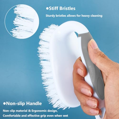 Scrub Brush Set, 4 Pack Deep Cleaning Brush Kit, Gray | 2 Scrub Brush, 2 Tile & Grout Brush with Built-in Scraper, Household Commercial Scrubber for Floor, Shower, Pool Wall, Tub - color: Gray