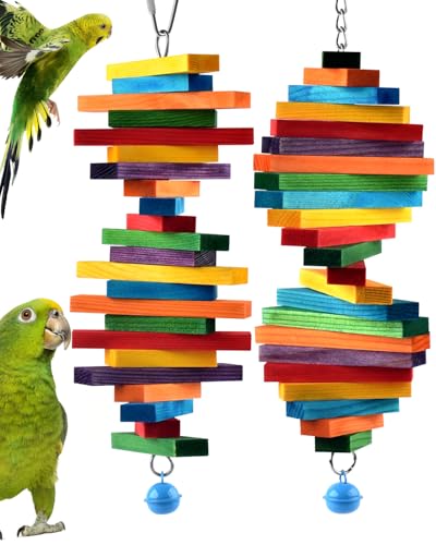 Bissap 2 PCS Bird Chew Toys, Multicolored Bagel Cascade Bird Parrot Chewing Sticks Biting Wooden Blocks Toy for Small Medium Conure Parakeet Cockatiels Lovebird Similar Sized Pet Birds - size: 2 PCS