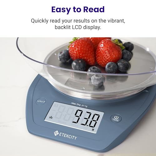 Etekcity 0.1g Food Scale, Bowl, Digital Grams and Ounces for Weight Loss, Dieting, Baking, Cooking, and Meal Prep, 11lb/5kg, Stainless Steel Prussian Blue | 11lb/5kg capacity with tare, removable bowl, ideal for baking, meal prep and portion control, Stai