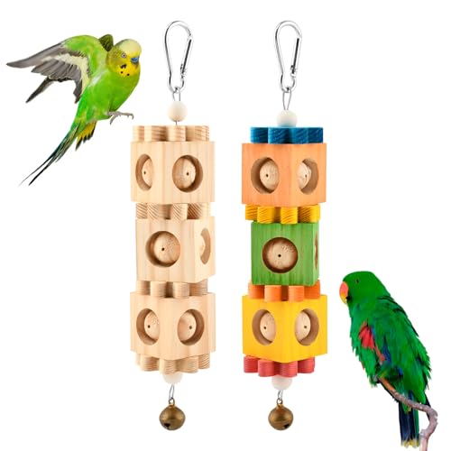 2 Pcs Wooden Bird Chew Toys for Beak Grinding, Hanging Parrot Rotating Wood Block with Bell Parrot Foraging Enrichment Toy for Parakeet, Cockatiel, Conure