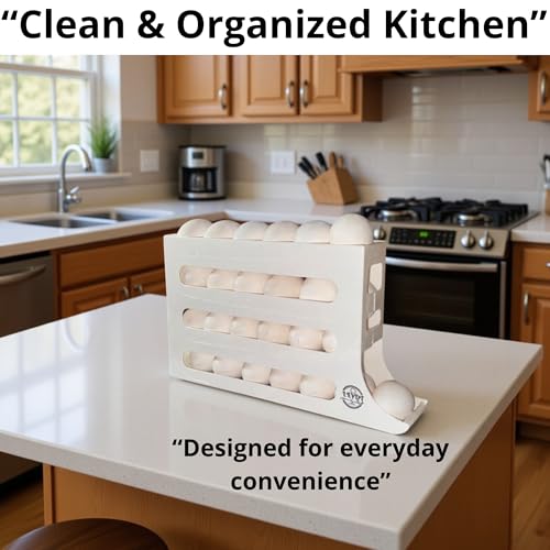 Egg Dispenser for Refrigerator, Fits Jumbo Eggs (25 Capacity), 4-Tier Rolling Egg Holder, Holds XL & Medium Eggs, Space Saving Egg Organizer for Fridge, Counter & Pantry