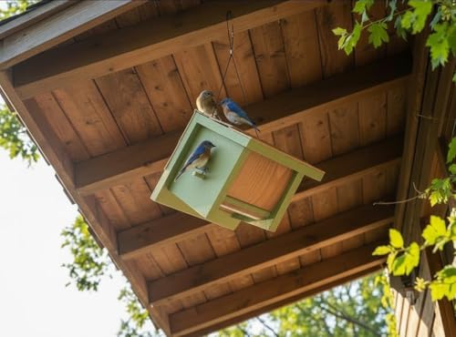 Large Cedar Bluebird House for Outside - Bamboo Shingles Roof Birdhouse for Bluebirds - Weather Proof Metal Protected - 13/16” Thickness Heavy Duty - Detachable and Easy Cleaning (1.5" Hole) - color: Wren&Bluebird