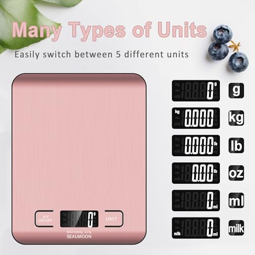 Food Scale Kitchen-Scale 11lb/5kg Food Scale for Kitchen Stainless Steel LCD Display Tare Function (g/oz/ml) for Meal Prep Coffee (Batteries Included) Pink - color: Pink