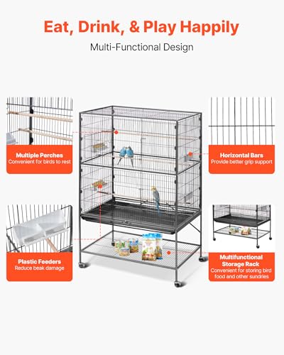 VEVOR Bird Cage, 36.6 x 22.8 x 59.5 inch, Flat Top, Wrought Iron Bird Flight Cage with Perches, Slide-Out Tray and Plastic Feeders, for Blue Tit, Cockatiel, Canary, Monk Parakeet, African Grey Parrot - size: 36.6"L x 22.8"W x 59.5"H