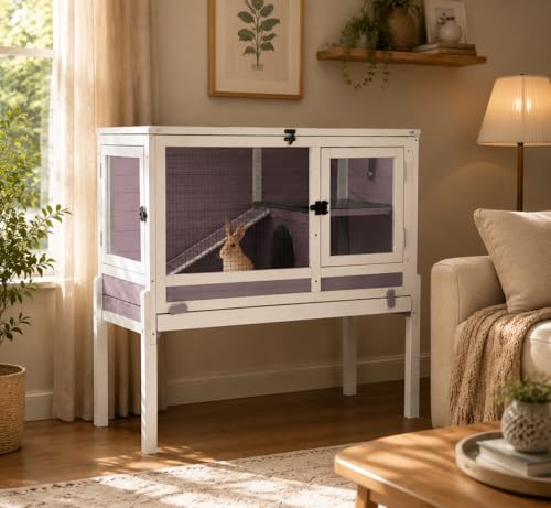 Guinea Pig Cage Indoor with Chew-Proof Edges, Clean Deep Tray | Rabbit cage with leakproof PVC layer, detachable legs, openable roof, multiple ventilated doors, Grey - color: Grey