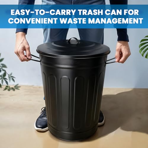 Plexon Metal Trash Can with Lid 13 Gallon, Decorative Outdoor Trash Can Heavy Duty Galvanized Metal Bucket with Lid for Garage Workshop Storage Farmhouse, Black - color: Black