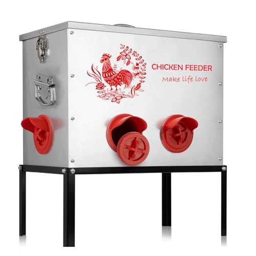 1pc 40 lb Chicken Feeder Box-6 Ports Large Metal Automatic Chicken Feeder Rat Proof with Locking Lid and Legs Galvanized for Chickens, Ducks, Geese(T1)