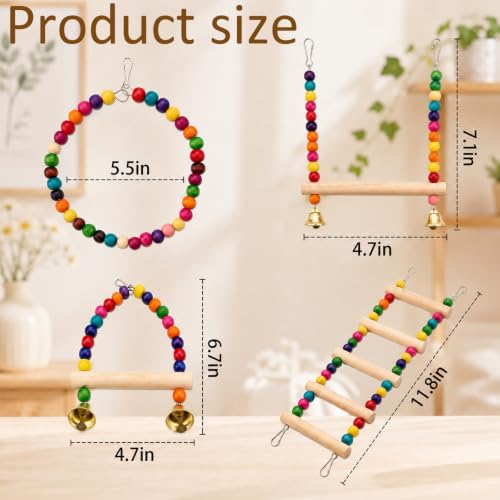 4 Piece Bird Ladder, Budgie Toys for Small to Medium Birds, Parakeet Cage Accessories Set, Natural Wood Bird Climbing Toys for Cage Environment Enrichment and Physical Activity
