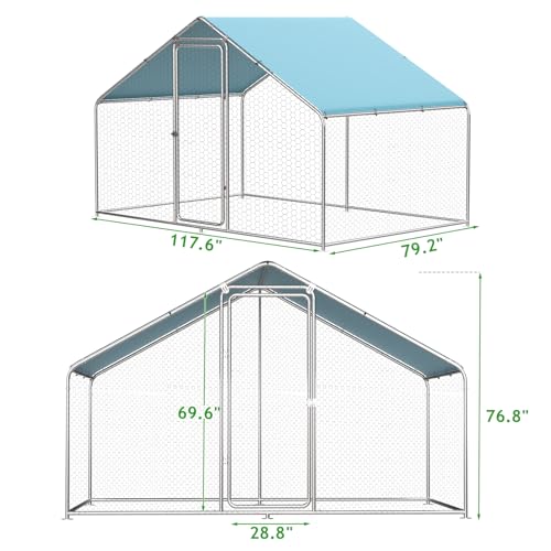 Chicken Coop Run, 9.8 x 6.6 x 6.4ft Metal Chicken Coop | Chicken Runs for Yard with Waterproof UV-Resistant Cover, Walk-in Outdoor Chicken Enclosure for Farm and Backyard - size: 117.6"L x 76.2"W x 76.8"H
