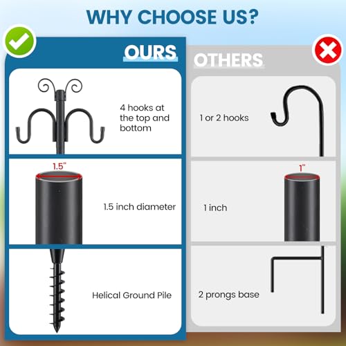 Shepherds Hooks for Outdoor,113 inch 4 Hooks Heavy Duty Adjustable Bird Feeder Pole for Hanging Plant Baskets, Lantern, Hummingbird Feeder Garden Plant, Hanging Wedding Decor,Wind Chimes - size: 9 FT