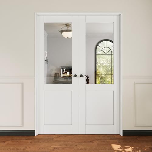 48x80 Interior French Door,Half Clear Glass Doors,Living Room Doors Prehung | Matte Black Hardware-Privacy Door Lever with Lock, Latch&Hinges, Solid Core,Tempered Glass,No PreDrill,Jamb Assembly Required - color: Half Lite, Black Hinges, size: 48x80 for 5