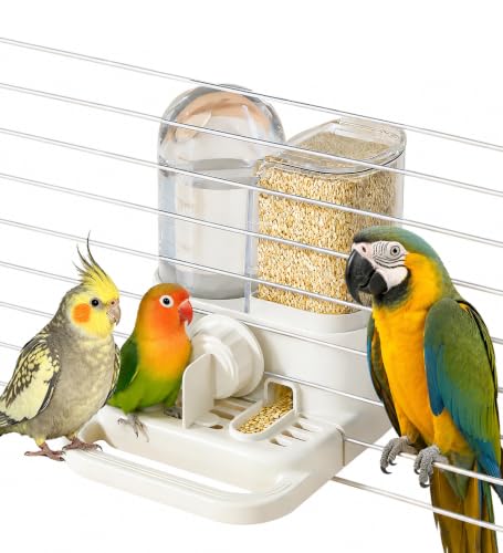 2-in-1 Automatic Bird Feeder and Water Dispenser, 250ml Gravity Water Station & 300g Seed Feeder for Cage Birds, No-Spill Feeding System for Budgies, Parakeets, Finches and Small Birds
