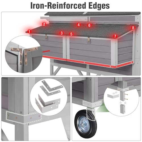 68.1" Extra Large Chicken Coop with Super Large Wheels, Mobile Hen House Poultry Cage with Strong Iron Frame, Outdoor Chicken House with 4 Nesting Boxes, 4 Perches for 6-8 Chickens