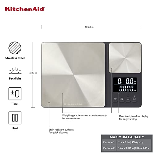 KitchenAid KQ909 Dual Platform Digital Kitchen and Food Scale, 11 pound capacity and Precision 16oz capacity, Black with Stainless Steel - color: Black