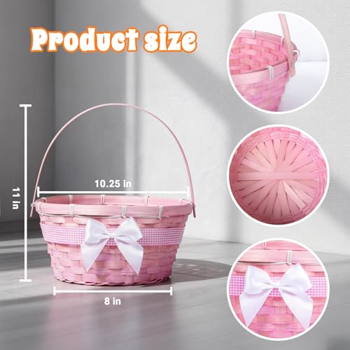 3 PCS Easter Bamboo Baskets Gift with Bow Ribbon and Handle, Woven Easter Eggs Hunting Bucket, Wicker Candy Toys Storage BucketBaskets with Handle for Picnic, Party Favors