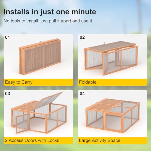 GOJOOASIS Wooden Chicken Coop Portable Rabbit Run Foldable Outdoor Pen | Chicken Playpen for Outside, Duck Enclosure, Small Animal Cage with 2 Accesses & Ventilating Wire, for Garden Backyard - color: Wood
