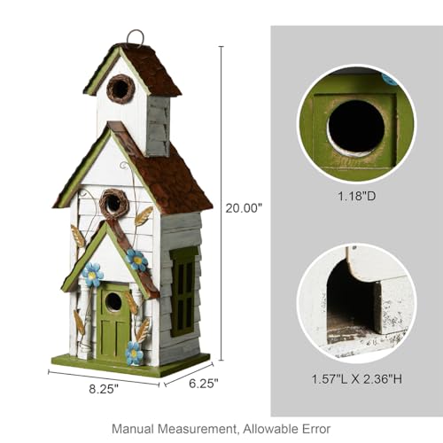 Glitzhome Hanging Birdhouse for Outdoors, 20" H Distressed Cottage Painted Wooden Bird House 3-Story Villa Rustic Large Bird House for Bluebird Wren Chickadee Sparrow Bird - color: White and Green