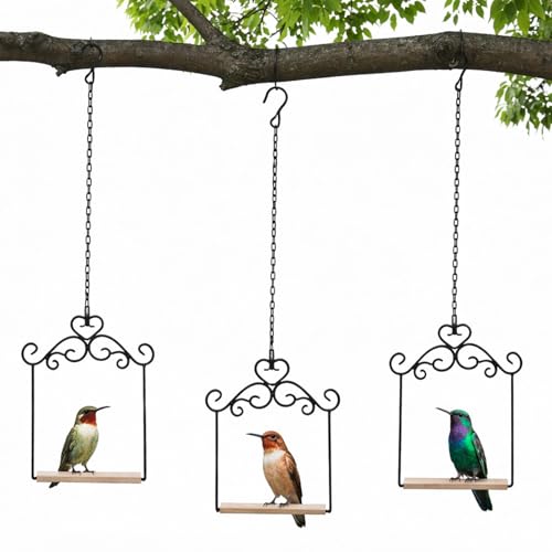 3 Pcs Black Metal Frame Hummingbird Swing, Bird Swings with Wooden Dowel and Chain, Hummingbird Perch, Hummingbirds Accessories for Hanging Indoor, Outdoor, Lawn, Patio, Garden