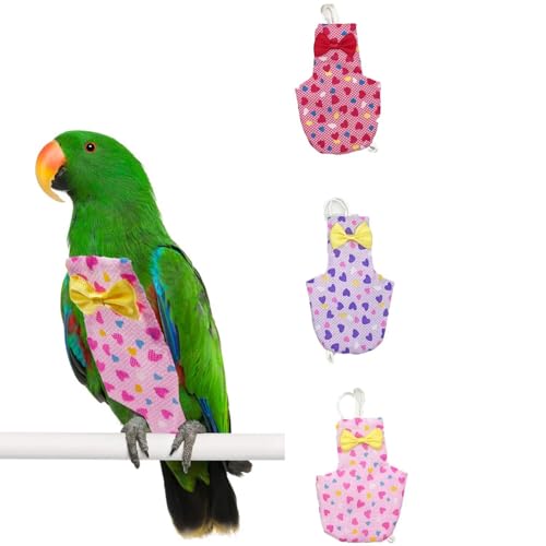 Bird Diapers Red Heart Pattern Washable Reusable Parrots Nappy for Budgie Parakeet Cockatiel 3 PCS
